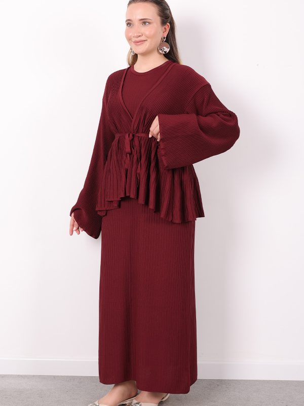 kuşaklı merserize triko elbise takım