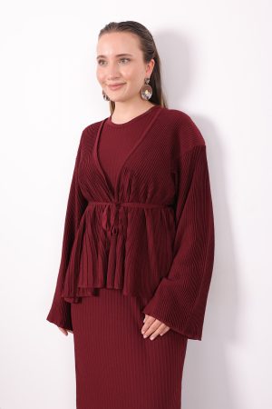 kuşaklı merserize triko elbise takım