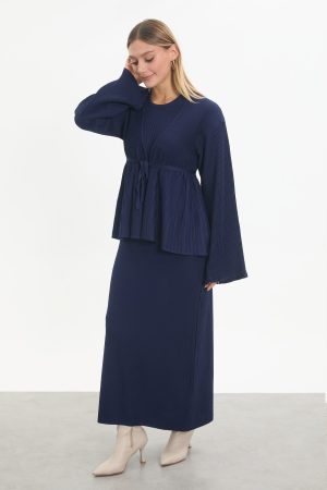 kuşaklı merserize triko elbise takım