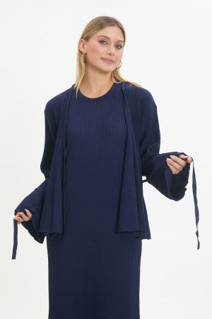 kuşaklı merserize triko elbise takım