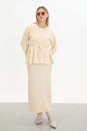 kuşaklı merserize triko elbise takım