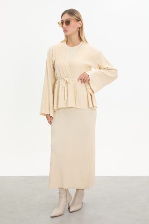 kuşaklı merserize triko elbise takım