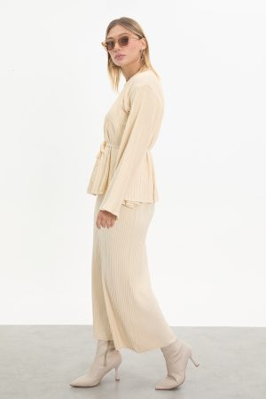 kuşaklı merserize triko elbise takım