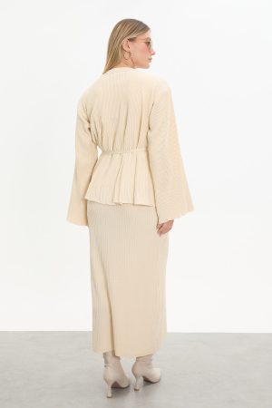 kuşaklı merserize triko elbise takım