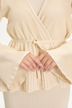 kuşaklı merserize triko elbise takım