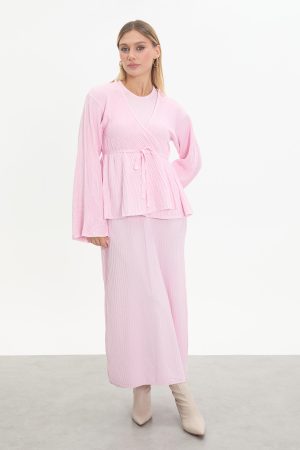 kuşaklı merserize triko elbise takım