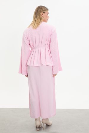 kuşaklı merserize triko elbise takım