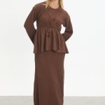 kuşaklı merserize triko elbise takım