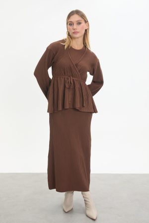 kuşaklı merserize triko elbise takım