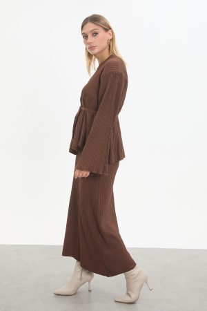 kuşaklı merserize triko elbise takım