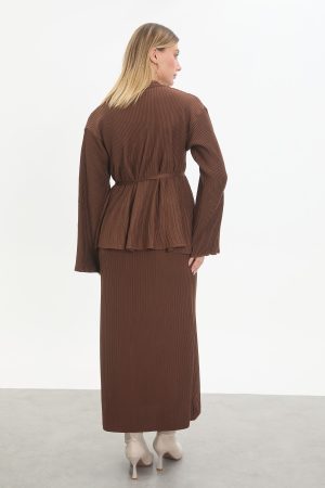 kuşaklı merserize triko elbise takım