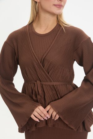 kuşaklı merserize triko elbise takım