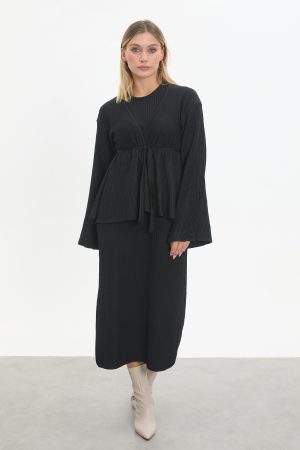 kuşaklı merserize triko elbise takım