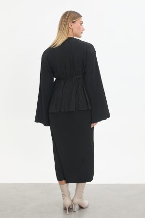 kuşaklı merserize triko elbise takım