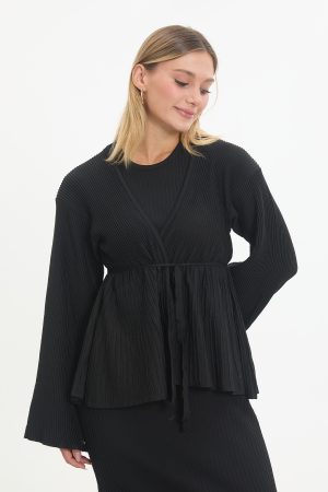 kuşaklı merserize triko elbise takım