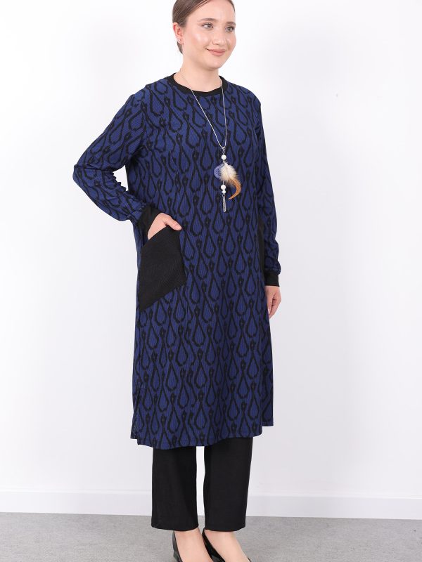 rahat mevsimlik günlük bürümcük kumaş desenli cepli kolyeli spor tunik