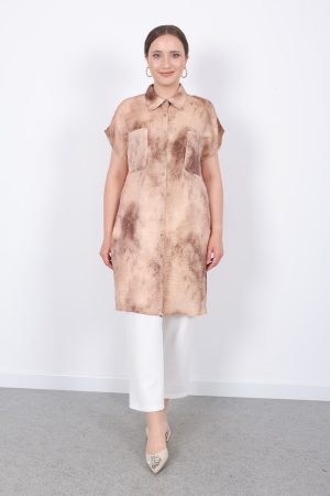 yazlık Şık cepli kolsuz düğmeli parlak kumaş gömlek elbise tunik yelek